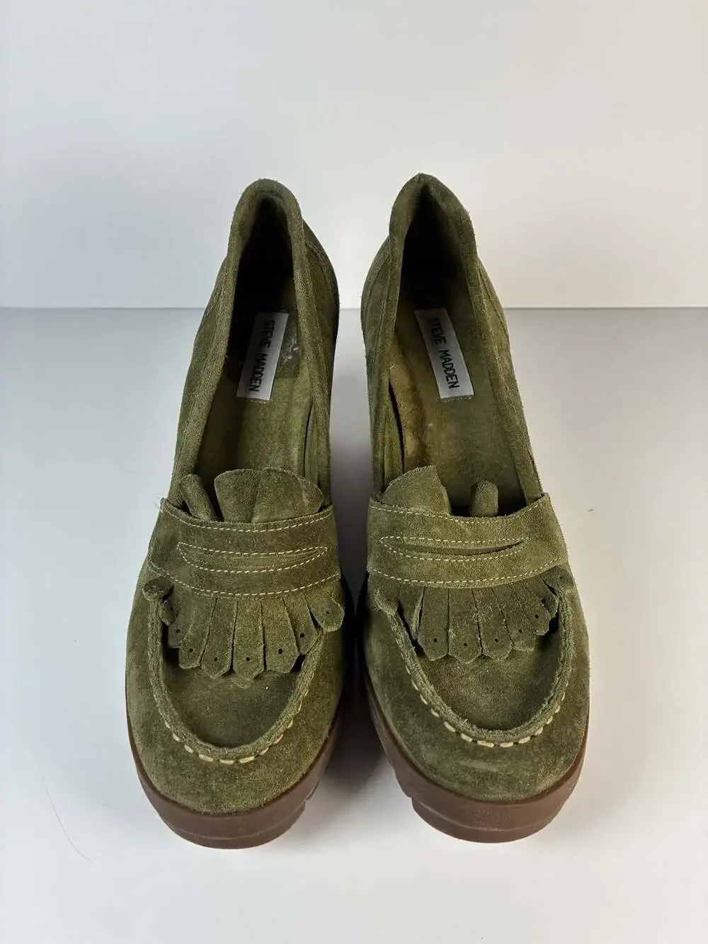 Steve Madden Olive Green Suede Fringed Wedge Loafer Pumps